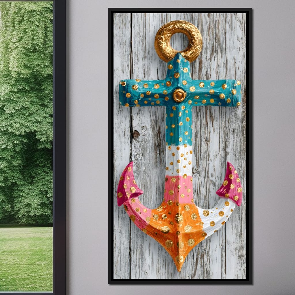 Golden Dotted Nautical Anchor Canvas Wall Art