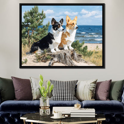 Coastal Corgi Pair Lookout Canvas Wall Art