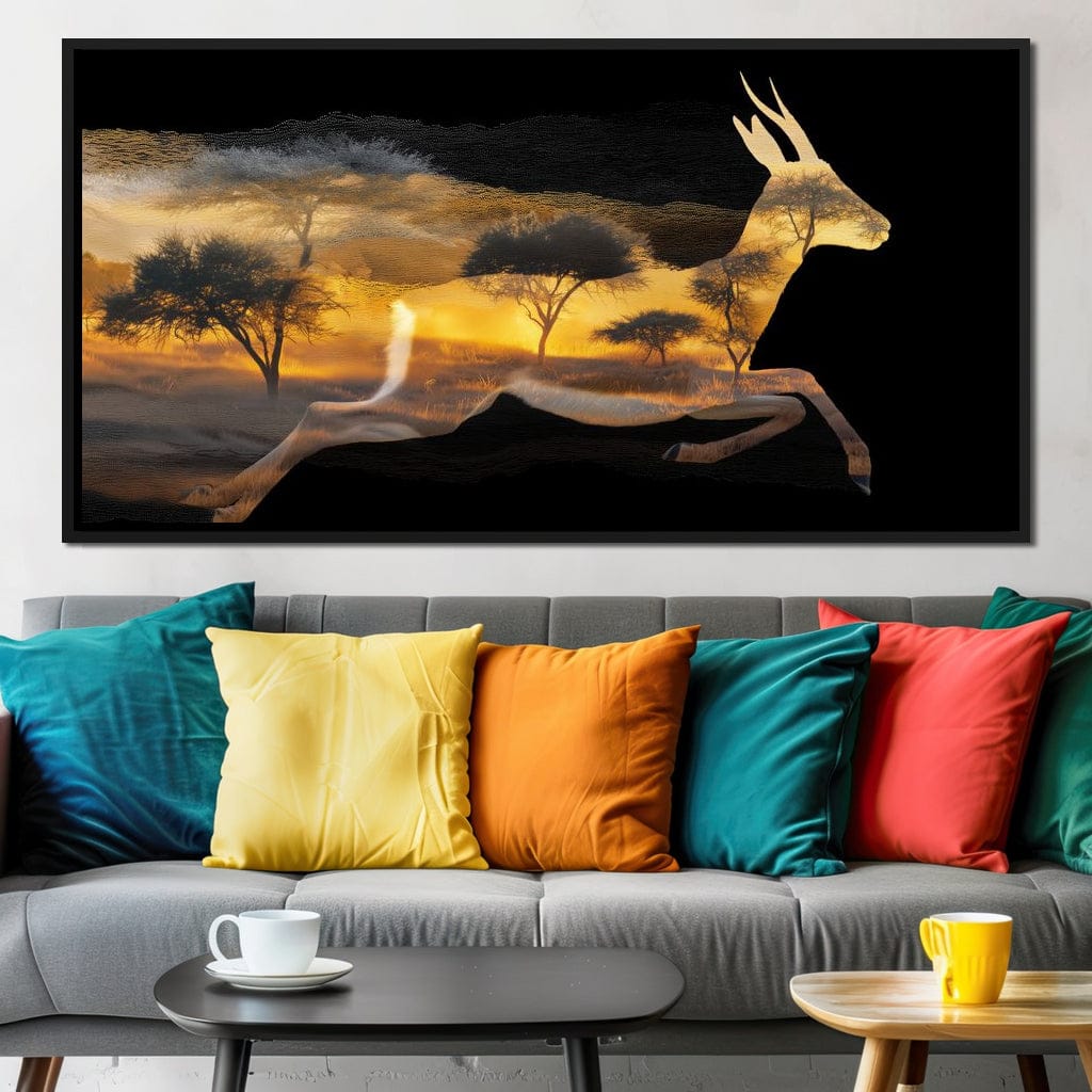 Golden Savanna Antelope Run Canvas Wall Art