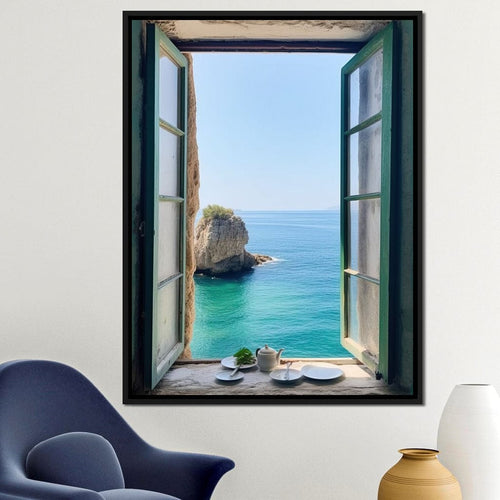 Oceanic Vista Through Wooden Pane Canvas Wall Art