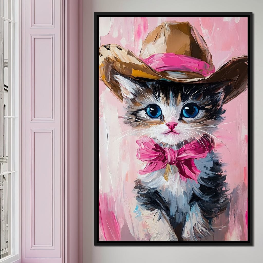 Cowboy Kitten Pink Bow Charm Canvas Wall Art