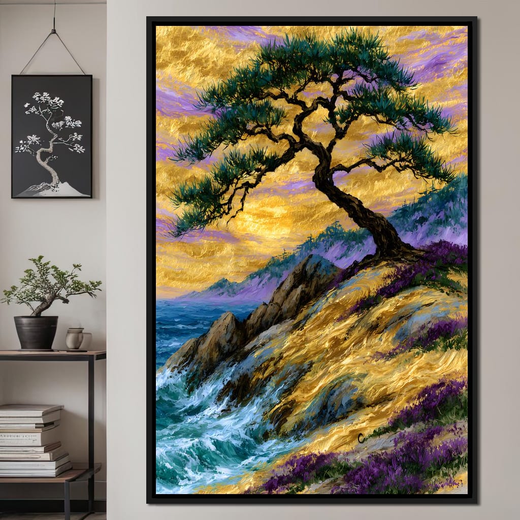 Golden Shoreline Beneath An Ancient Pine Canvas Wall Art