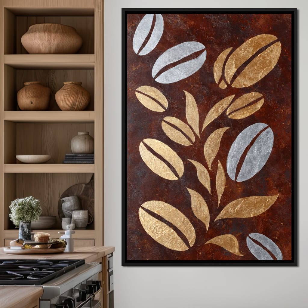 Golden Coffee Beans Botanical Flow Canvas Wall Art
