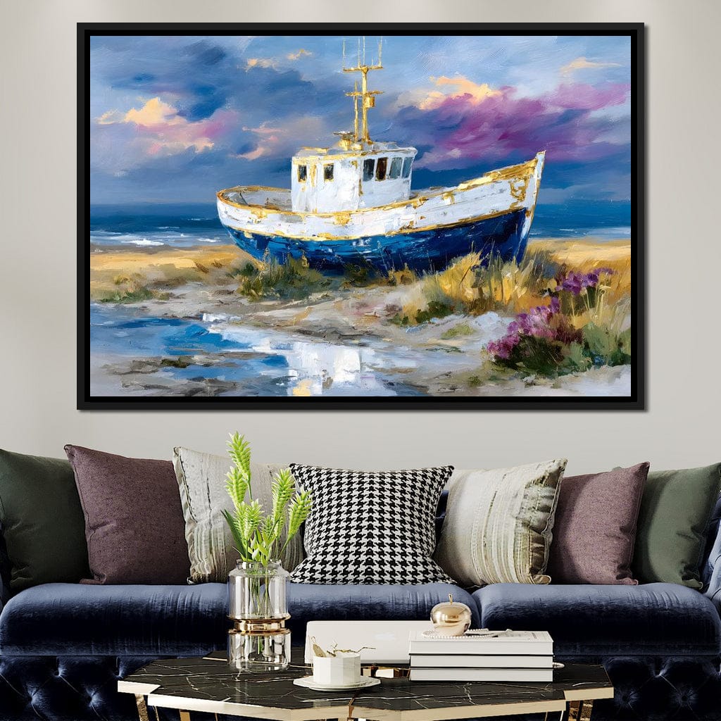 Coastal Boat Under Violet Sky Canvas Wall Art