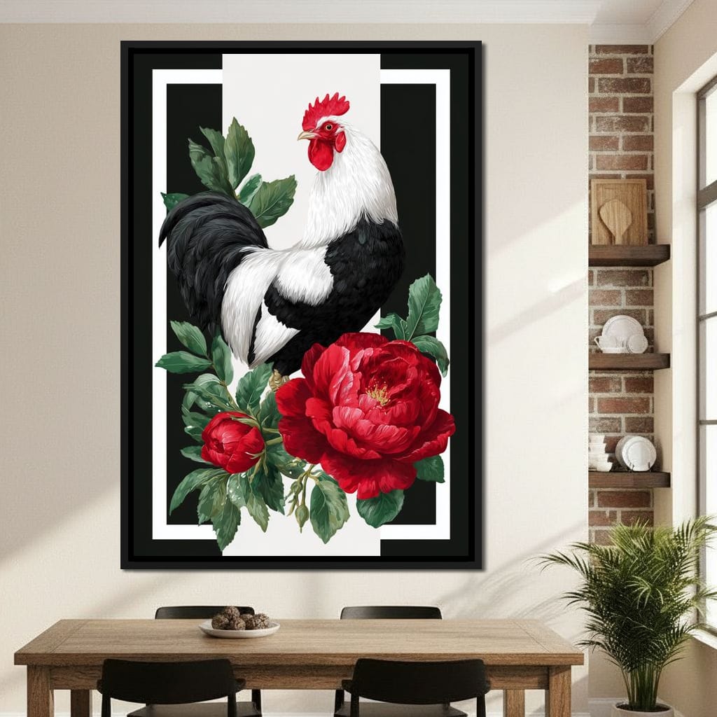 Rooster With Peony Garden Canvas Wall Art