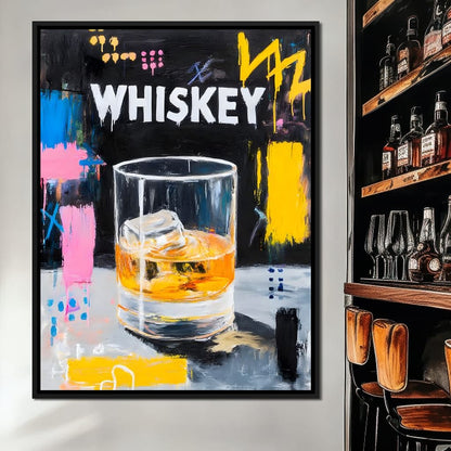 Neon Whiskey On The Rocks Canvas Wall Art