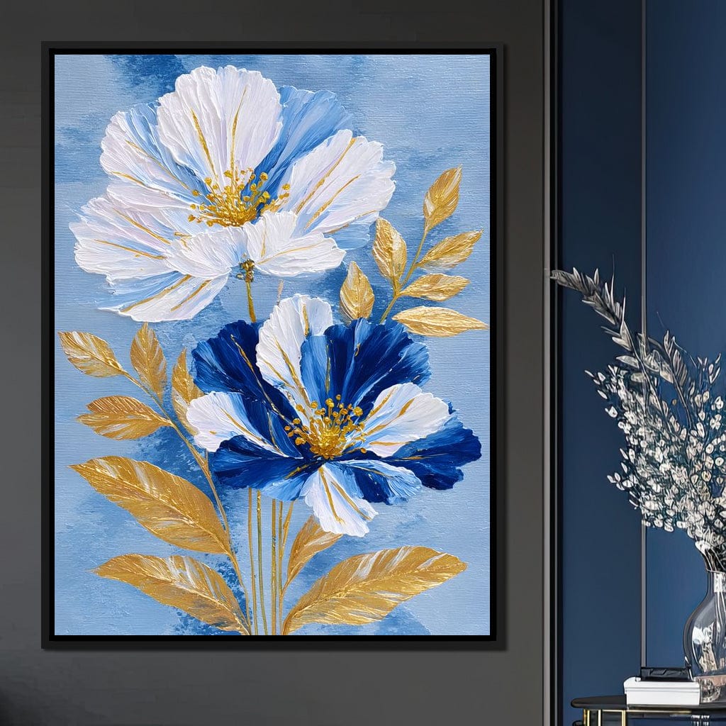 Blue White Peony Gold Leaf Canvas Wall Art
