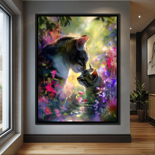 Gentle Cats Nuzzle Floral Dream Canvas Wall Art