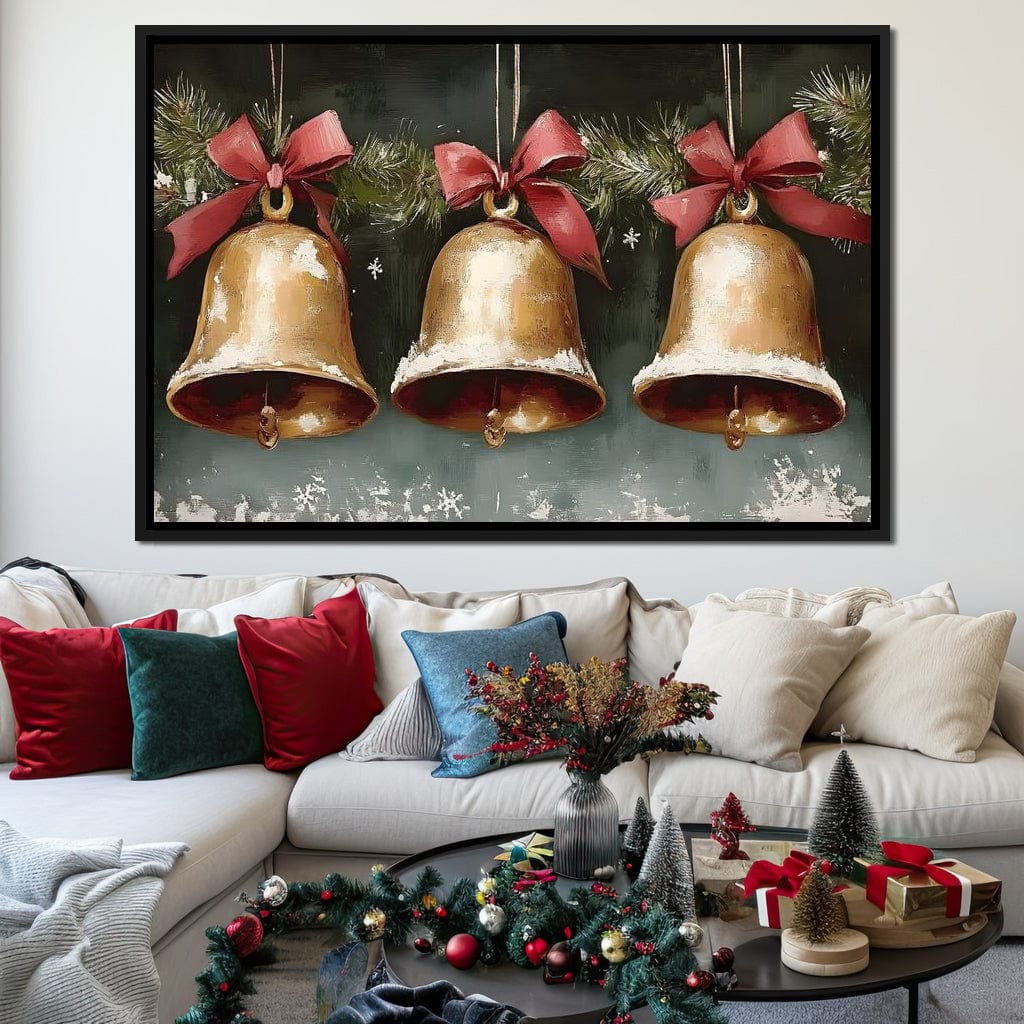 Snow Kissed Golden Holiday Bells Canvas Wall Art
