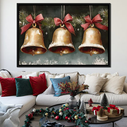 Snow Kissed Golden Holiday Bells Canvas Wall Art