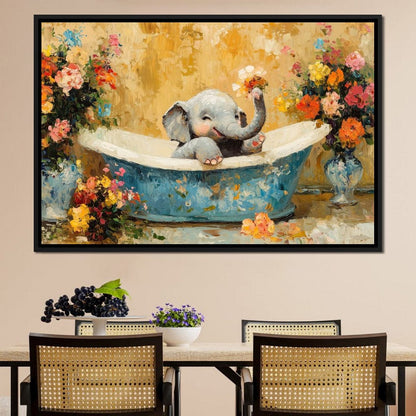 Elephant Joy in Floral Bath Canvas Wall Art