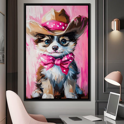 Cute Cowboy Puppy Pink Bow Charm Canvas Wall Art