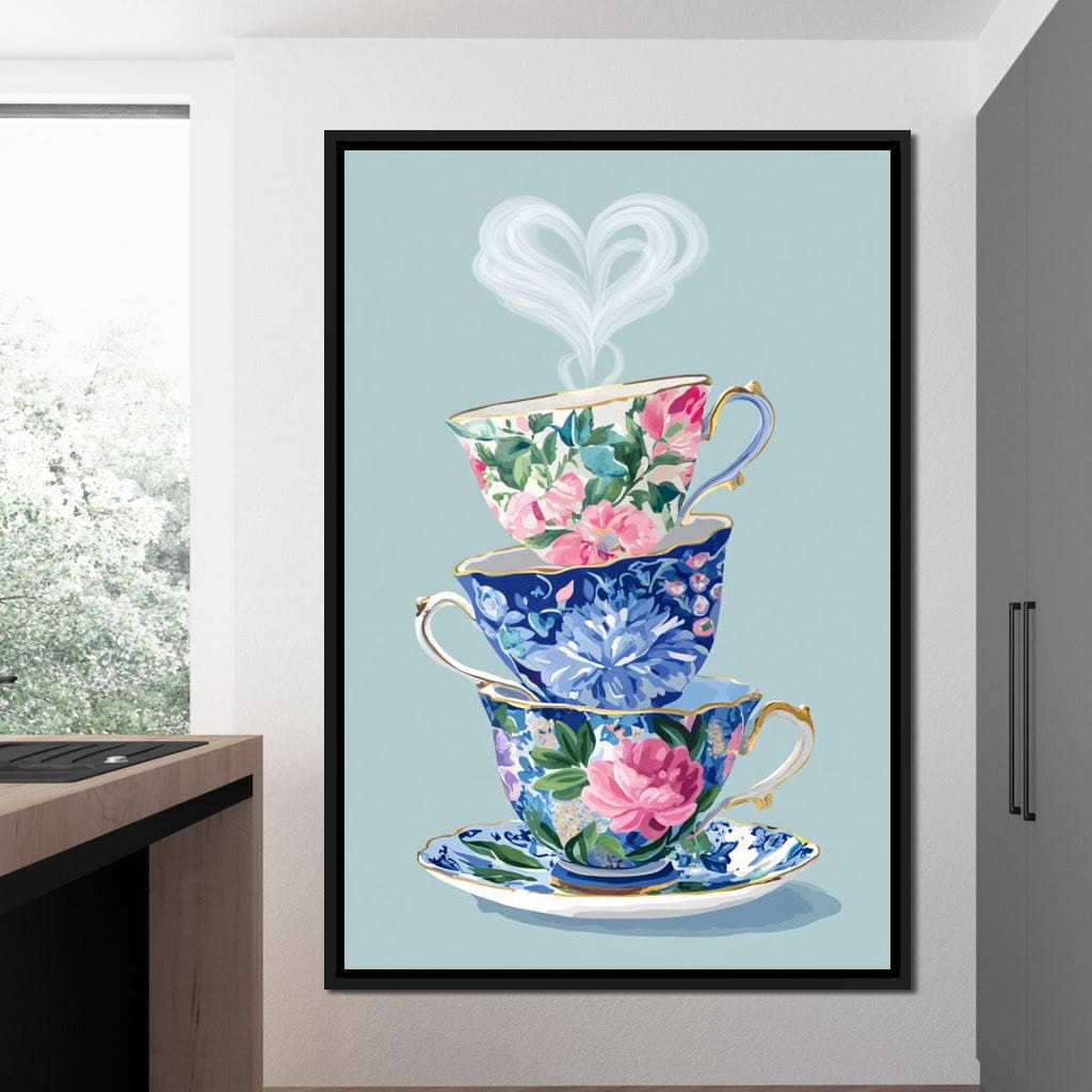 Vintage Floral Teacup Stack Delight Canvas Wall Art
