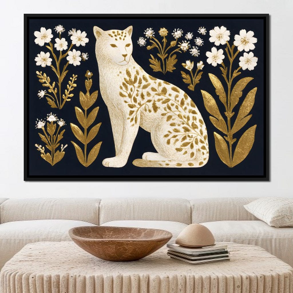 Golden Botanical Leopard Cat Canvas Wall Art