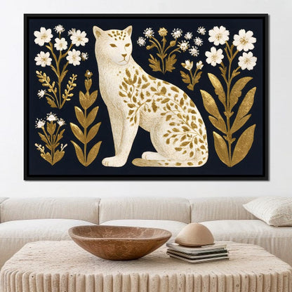 Golden Botanical Leopard Cat Canvas Wall Art