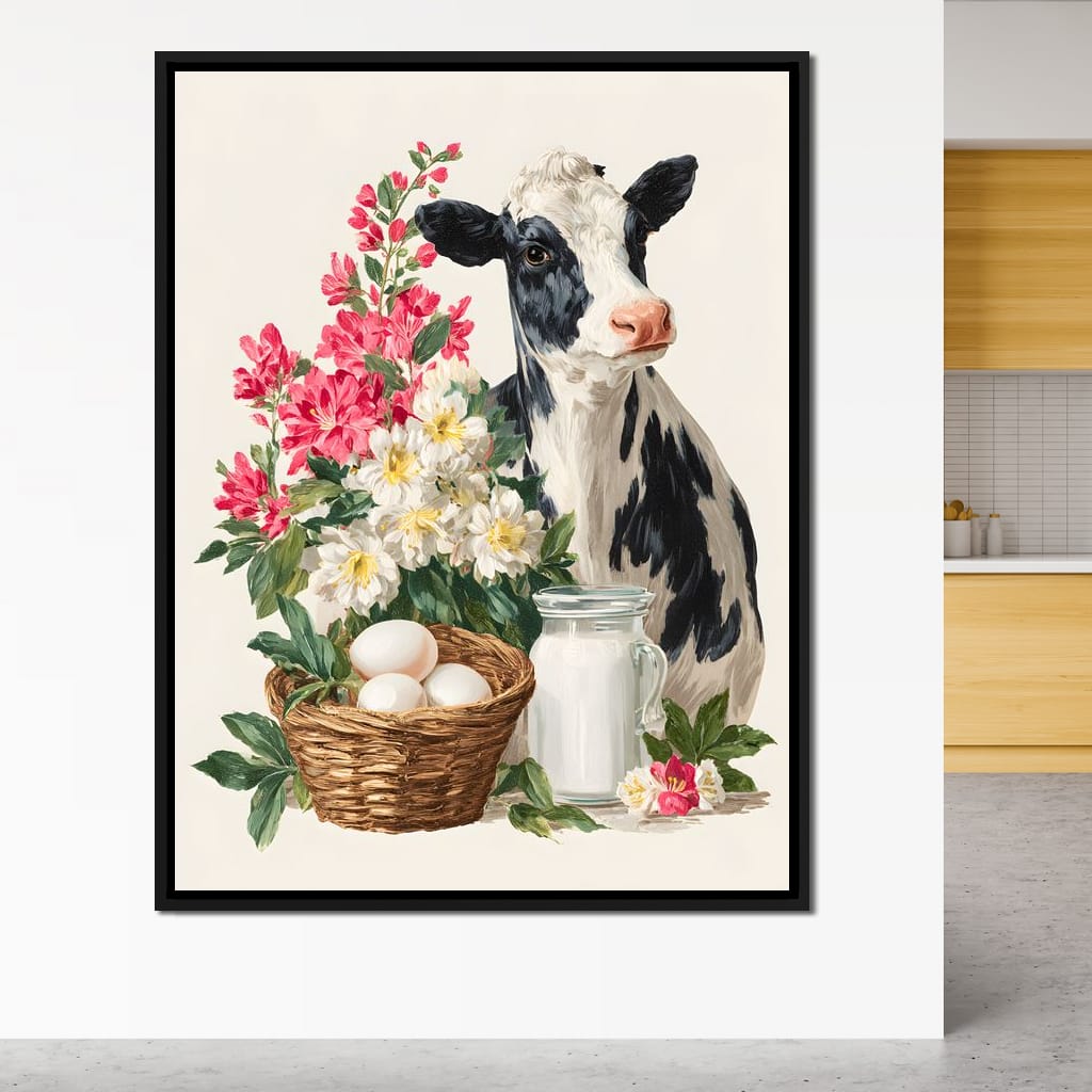 Farmhouse Cow Milk And Blooms Canvas Wall Art