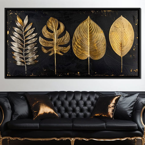 Golden Leaves on Black Background Canvas Wall Art