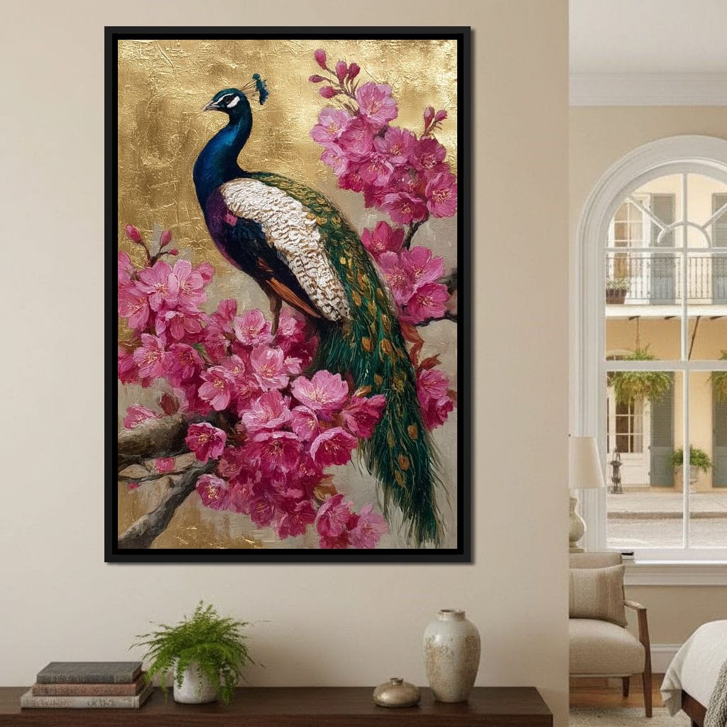 Golden Peacock Cherry Blossom Canvas Wall Art