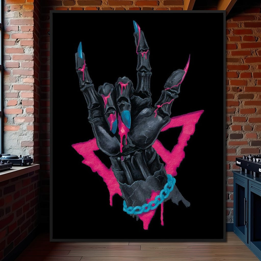 Neon Skeleton Rock Hand Sign Canvas Wall Art