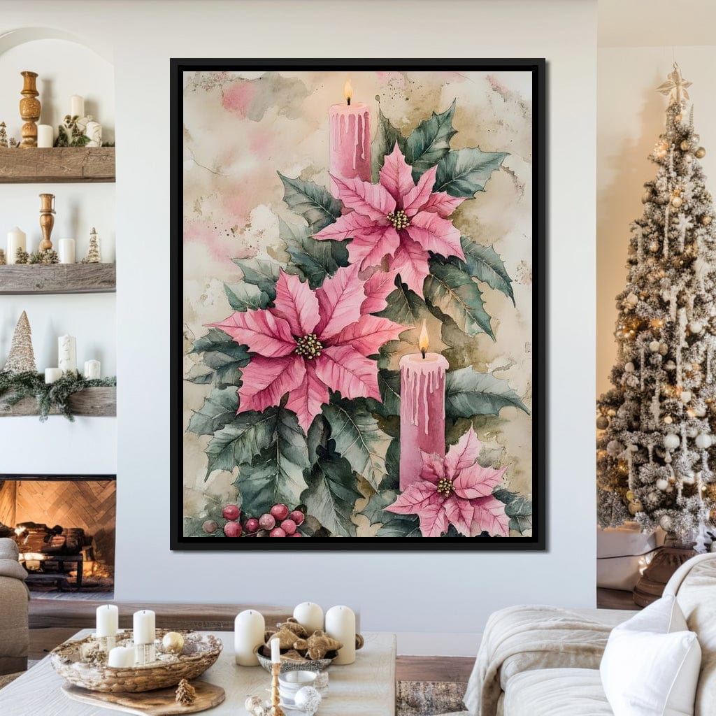 Festive Poinsettia Candle Glow Canvas Wall Art