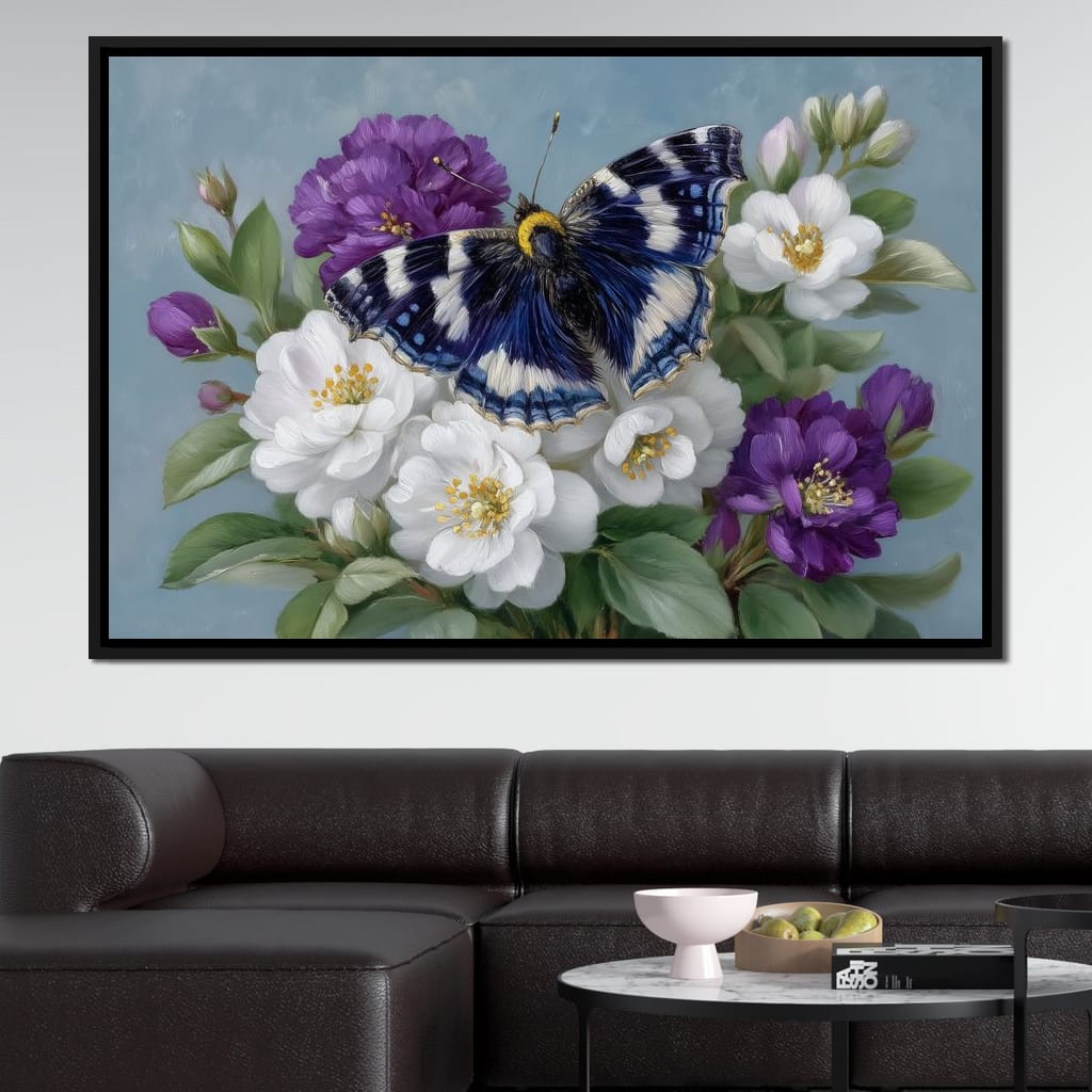 Blue Butterfly Garden Blossom Canvas Wall Art