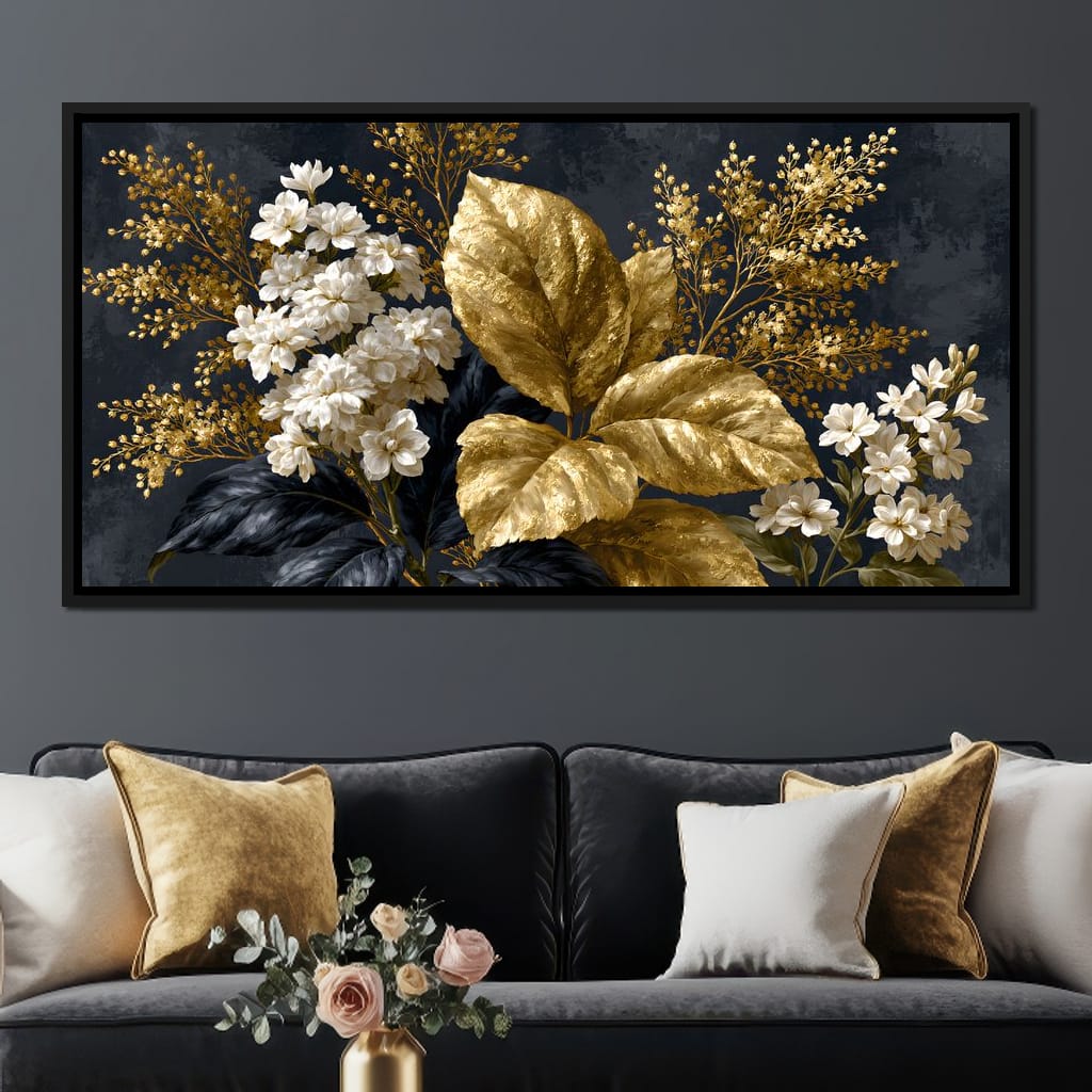 Gilded Foliage Upon Midnight Velvet Canvas Wall Art