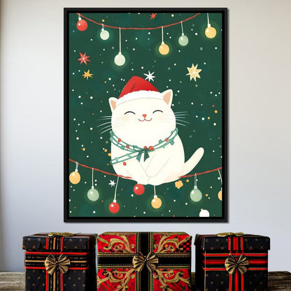 Jolly Santa Kitty Holiday Lights Canvas Wall Art