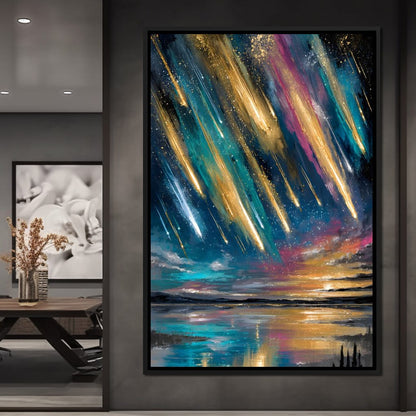 Golden Meteors Over Silent Lake Canvas Wall Art