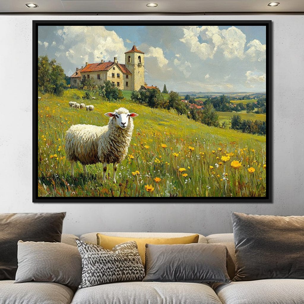 Meadow Sheep by the Countryside Canvas Wall Art