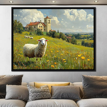 Meadow Sheep by the Countryside Canvas Wall Art