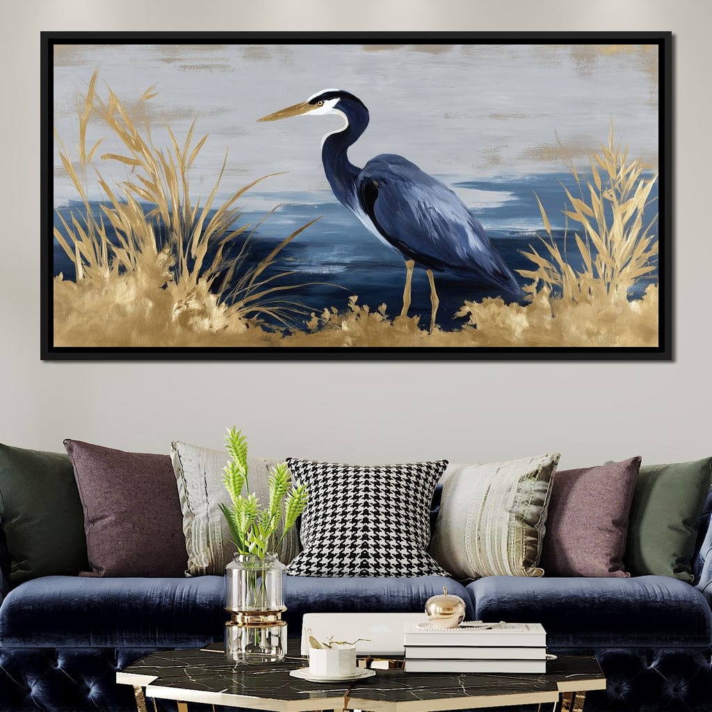 Coastal Heron Gold Reeds Canvas Wall Art