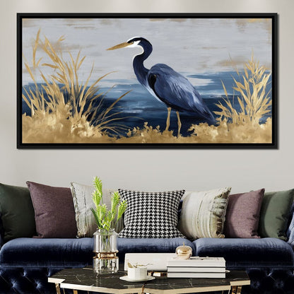 Coastal Heron Gold Reeds Canvas Wall Art