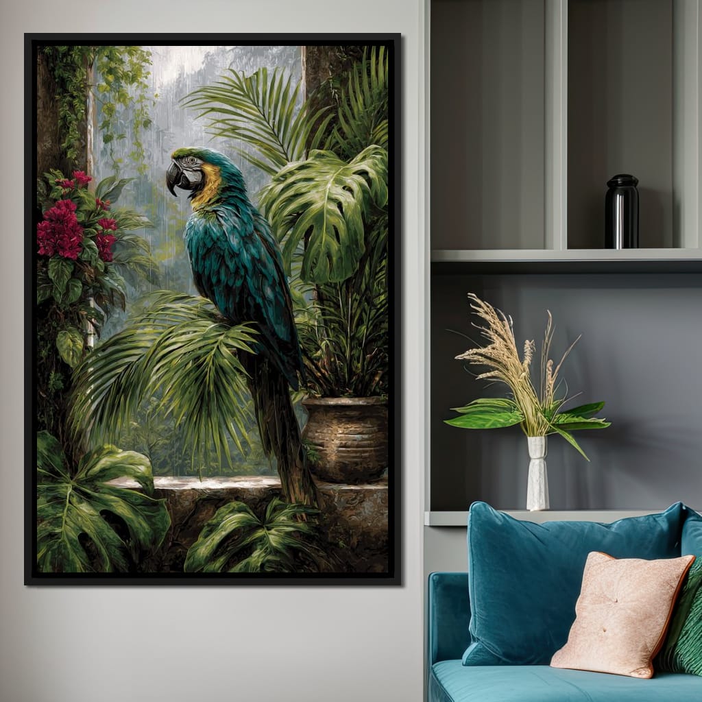 Rainforest Macaw Perch Scene Canvas Wall Art