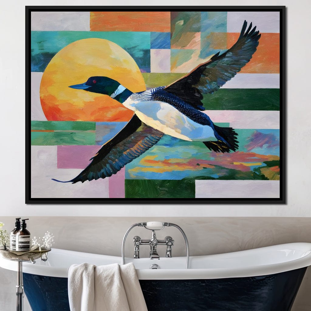 Flying Loon Over Golden Sun Canvas Wall Art