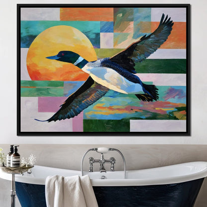 Flying Loon Over Golden Sun Canvas Wall Art