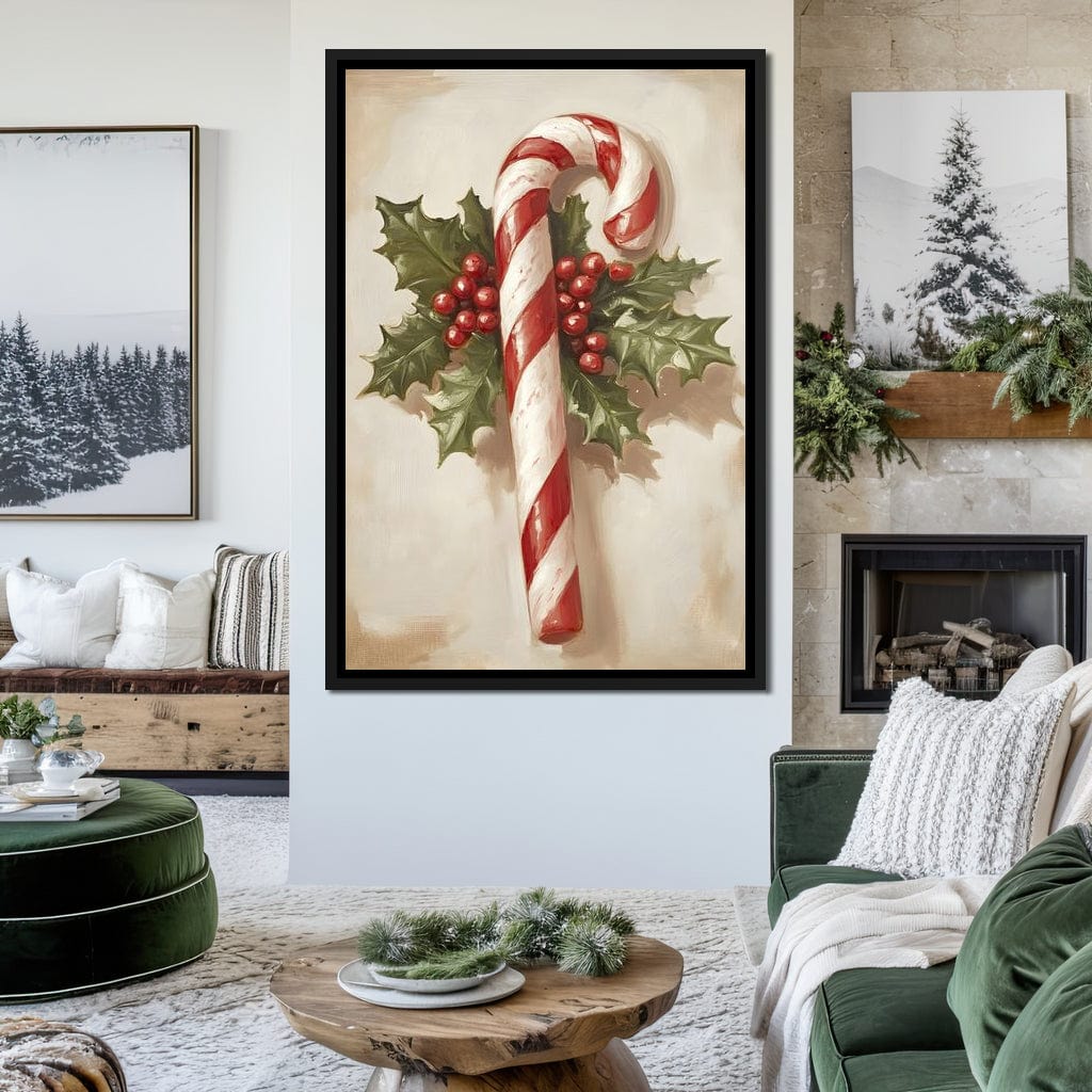 Christmas Candy Cane Holly Joy Canvas Wall Art