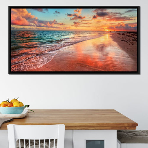 Sunset Over an Ocean Beach Shore Canvas Wall Art