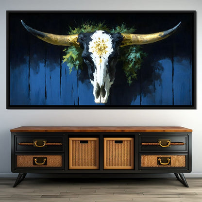 Golden Longhorn Skull Rustic Canvas Wall Art