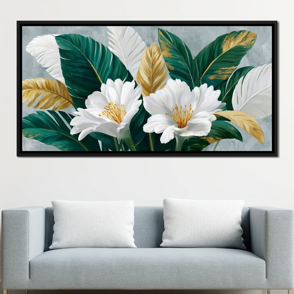 Gilded Tropical White Peony Canvas Wall Art