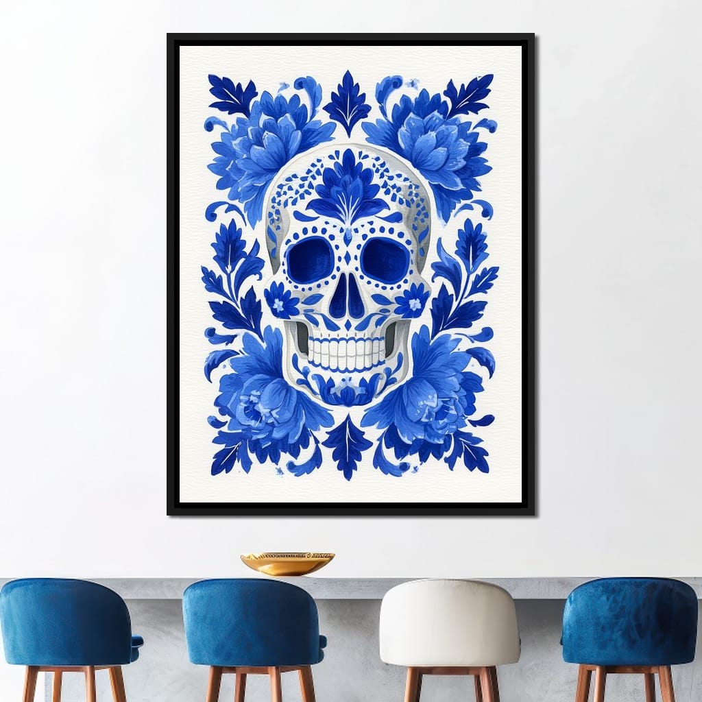 Blue Floral Sugar Skull Folkstyle Canvas Wall Art
