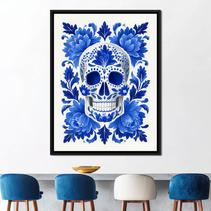 Blue Floral Sugar Skull Folkstyle Canvas Wall Art