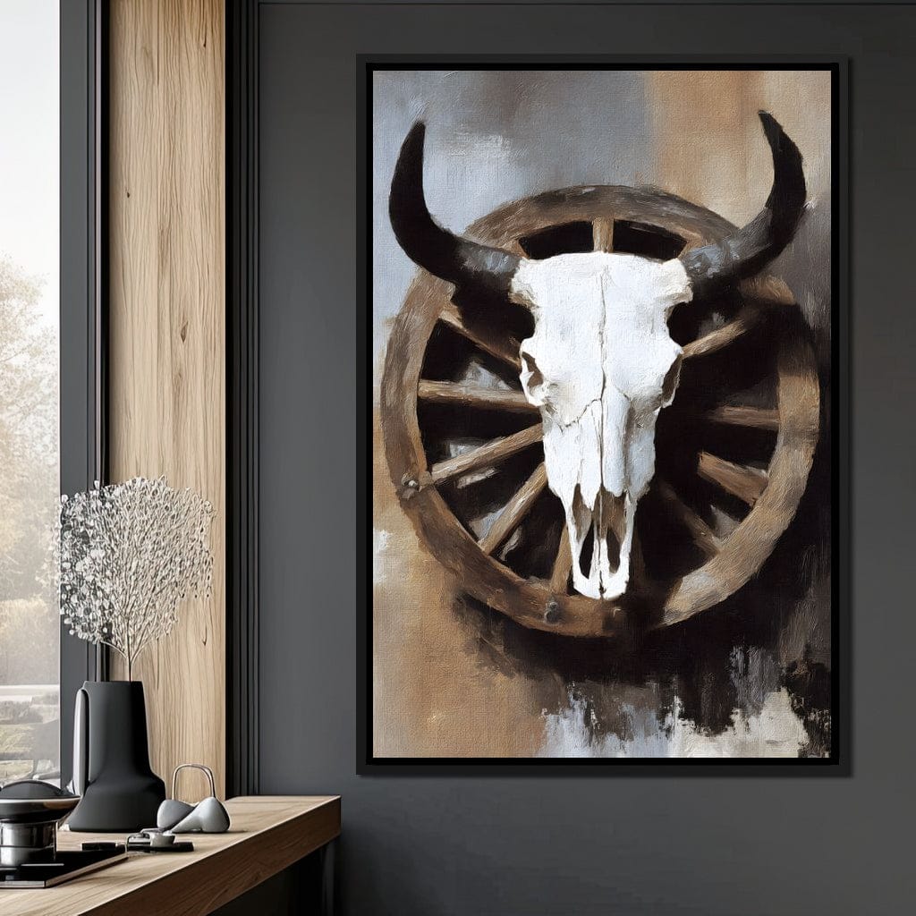 Western Bull Skull Wagon Wheel Canvas Wall Art