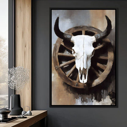 Western Bull Skull Wagon Wheel Canvas Wall Art