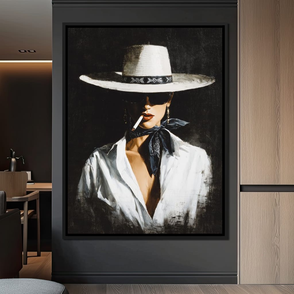 Noir Cowgirl Smoking Portrait Canvas Wall Art