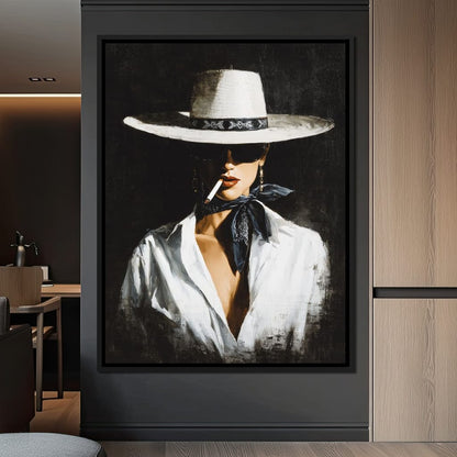 Noir Cowgirl Smoking Portrait Canvas Wall Art