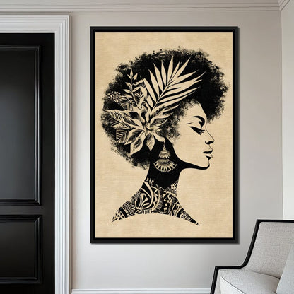 Botanical Afro Queen Silhouette Canvas Wall Art