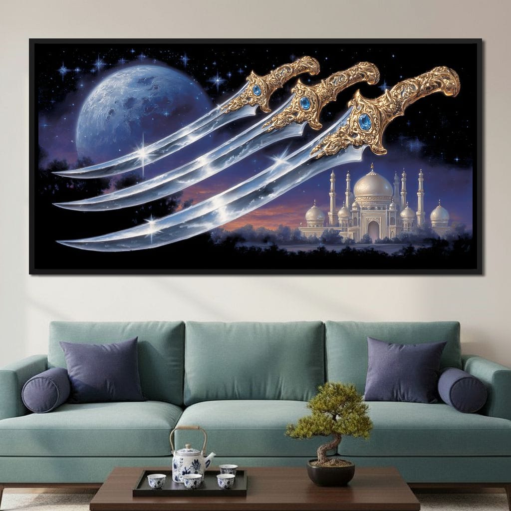 Moonlit Blades Over Golden Palace Canvas Wall Art