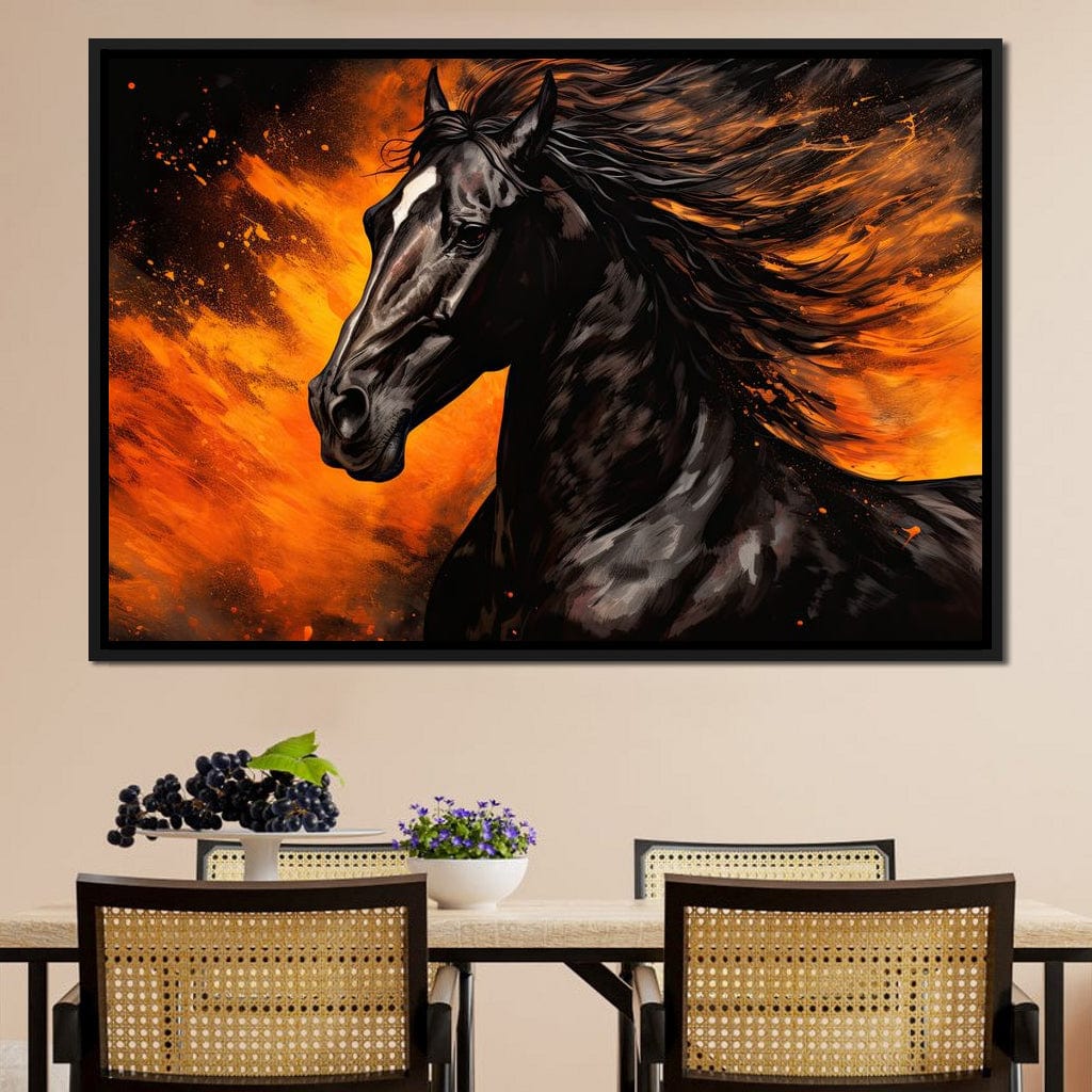 Stallion Amidst Ember Blaze Canvas Wall Art