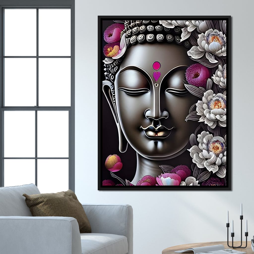 Buddha & Flowers Grey Canvas Wall Art