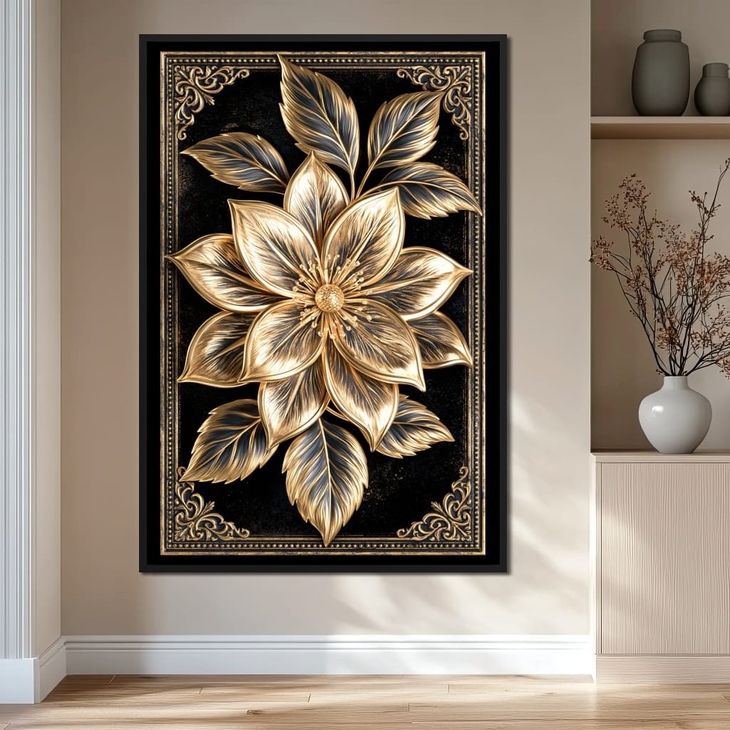 Gilded Petals on Obsidian Fields Canvas Wall Art